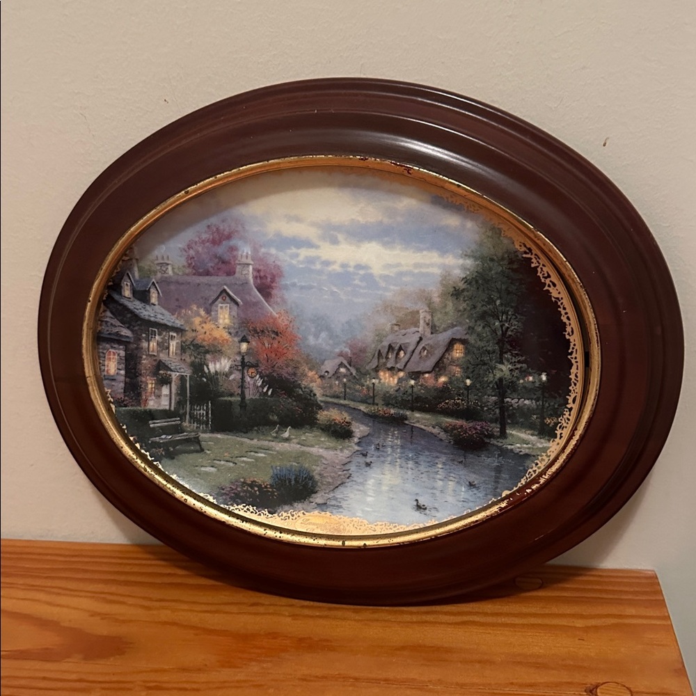 “LAMPLIGHT BROOKE” BY THOMAS KINKADE wood framed COLLECTOR PLATE gold trim